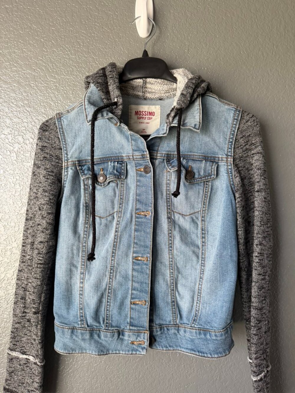 Mossimo Supply Co Hooded Denim Jacket Women’s Small Blue Gray Knit Sleeves